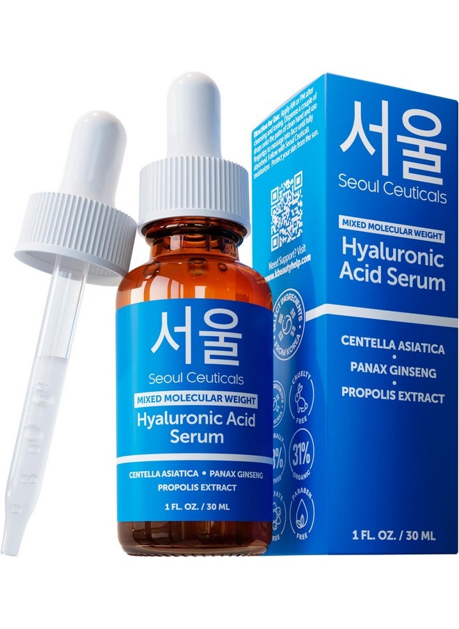 SeoulCeuticals Korean Hyaluronic Acid Serum For Face - High Molecular Weight & Low Molecular Weight Hyaluronic Acid - Centella Serum + Propolis. 1oz