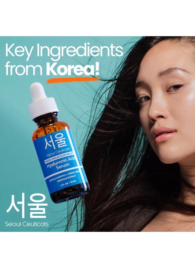 SeoulCeuticals Korean Hyaluronic Acid Serum For Face - High Molecular Weight & Low Molecular Weight Hyaluronic Acid - Centella Serum + Propolis. 1oz