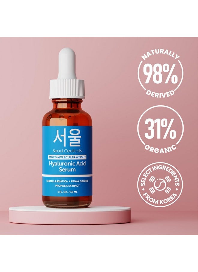 SeoulCeuticals Korean Hyaluronic Acid Serum For Face - High Molecular Weight & Low Molecular Weight Hyaluronic Acid - Centella Serum + Propolis. 1oz