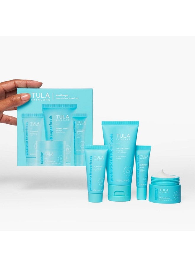 Tula Skin Care On the Go Best Sellers Travel Kit | Facial Cleanser, Day & Night Moisturizer, Sugar Scrub & Vitamin C Serum for Glowing, Radiant Skin, 1.0 Count