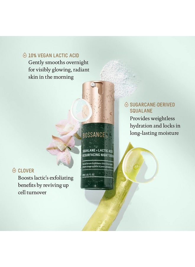 BIOSSANCE Squalane + Lactic Acid Resurfacing Night Serum - Vegan 10% Lactic Acid Face Serum for Skin Texture and Fine Lines - Gentle Night Exfoliant, Hydrating - Pore Reducer for Face, 1.0 Ounce