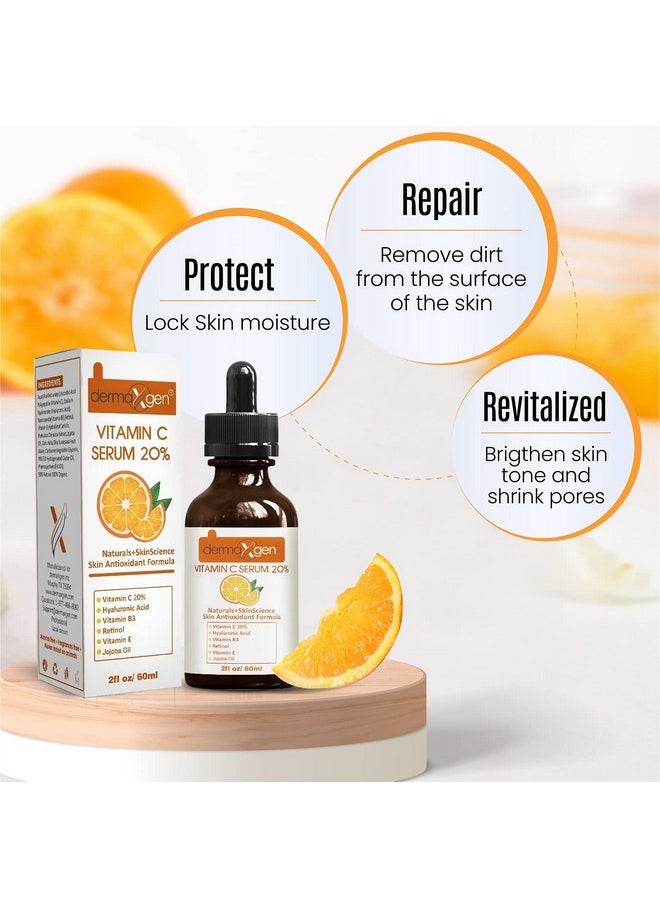 Dermaxgen 20% Vitamin C Serum + Hyaluronic Acid + Retinol + Vitamin E + Vitamin B PURE ORGANIC- Boost Skin Collagen, Moisturizer, Anti Aging & Wrinkle Facial Serum (2 FL OZ)