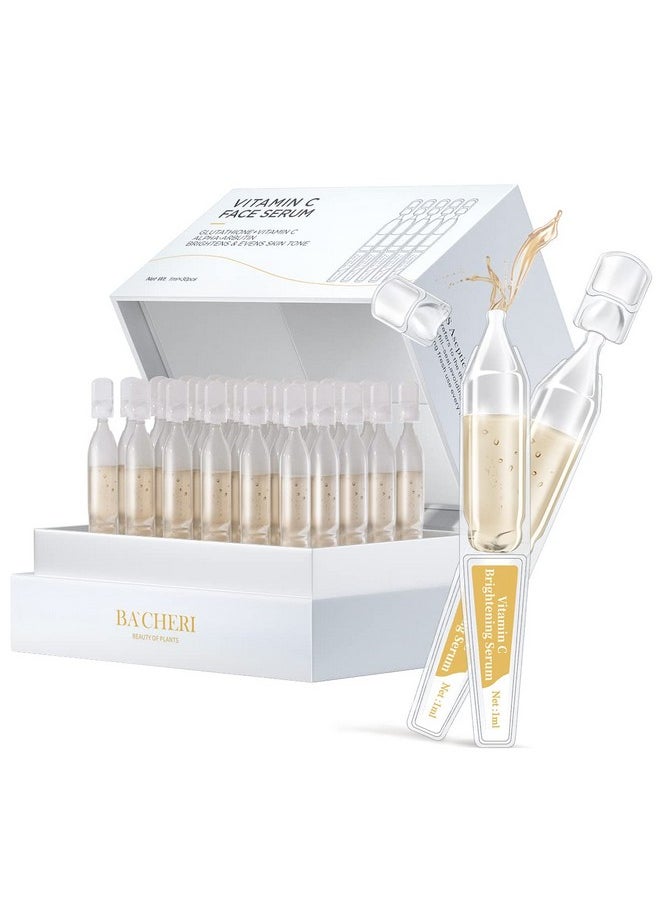 BACHERI Vitamin C Serum for Face with Hyaluronic Acid, Glutathione, Organic Aloe Vera, Hydrating & Brightening Serum, Dark Spot Remover, Anti Aging Facial Serum, 30 Ampoules
