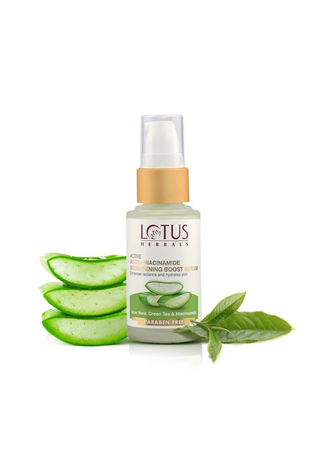 Lotus Herbals Active Aloe + Niacinamide Brightening Boost Serum|Enhances Radiance & Hydrates Skin|Praben Free| All Skin Types|30ml