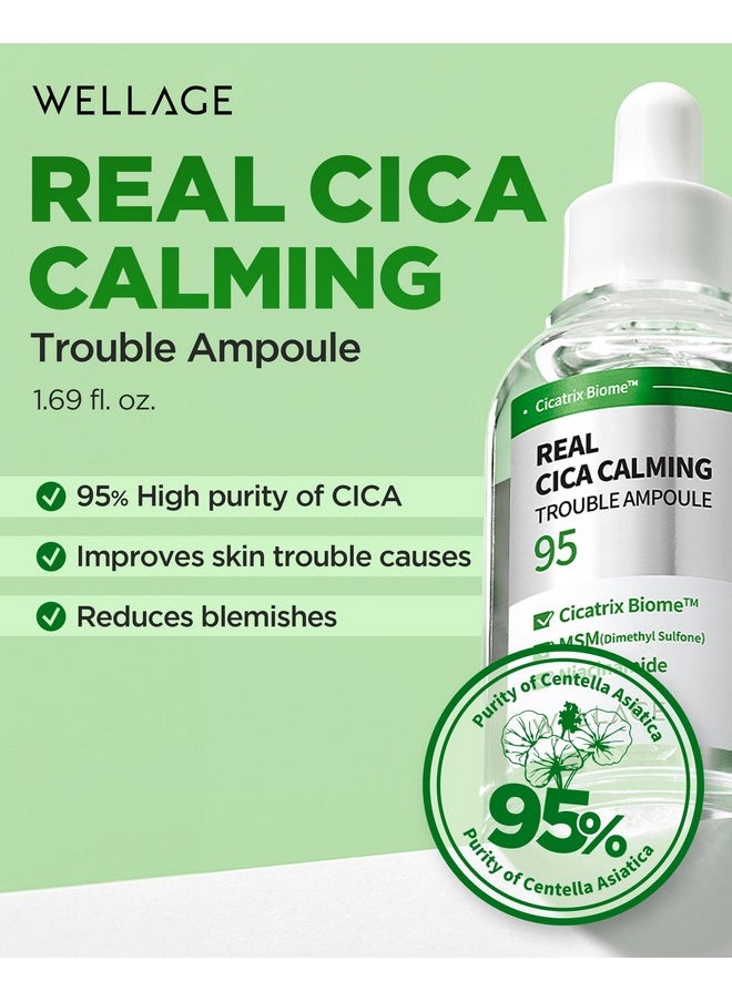WELLAGE Real Cica Calming Trouble Ampoule - Korean Soothing Serum 95% Madecassoside, Rapid Soothing, Redness Relief, Sebum Control, Improves Freckles and Blemishes, for Acne-Prone Skin, 1.69 fl.oz