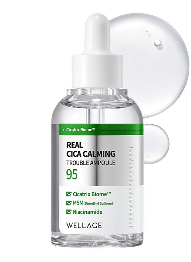 WELLAGE Real Cica Calming Trouble Ampoule - Korean Soothing Serum 95% Madecassoside, Rapid Soothing, Redness Relief, Sebum Control, Improves Freckles and Blemishes, for Acne-Prone Skin, 1.69 fl.oz
