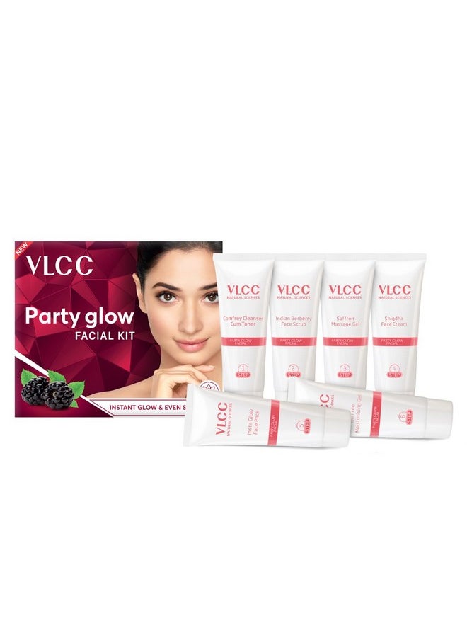 VLCC Party Glow Facial Kit - Single Use | Salon Like Facial at Home in Just 6-Steps | Includes Cleanser, Scrub, Cream, Face Pack & Moisturizing Gels | 2.12 Oz/60g
