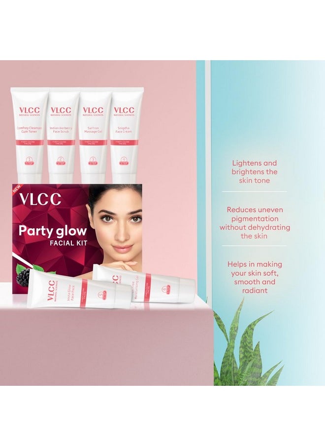 VLCC Party Glow Facial Kit - Single Use | Salon Like Facial at Home in Just 6-Steps | Includes Cleanser, Scrub, Cream, Face Pack & Moisturizing Gels | 2.12 Oz/60g
