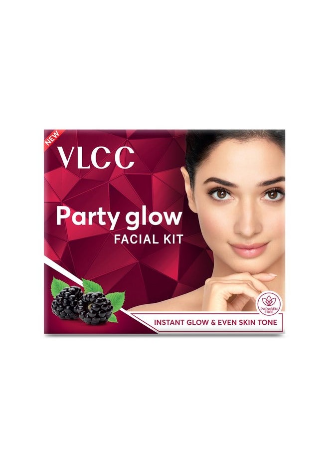 VLCC Party Glow Facial Kit - Single Use | Salon Like Facial at Home in Just 6-Steps | Includes Cleanser, Scrub, Cream, Face Pack & Moisturizing Gels | 2.12 Oz/60g