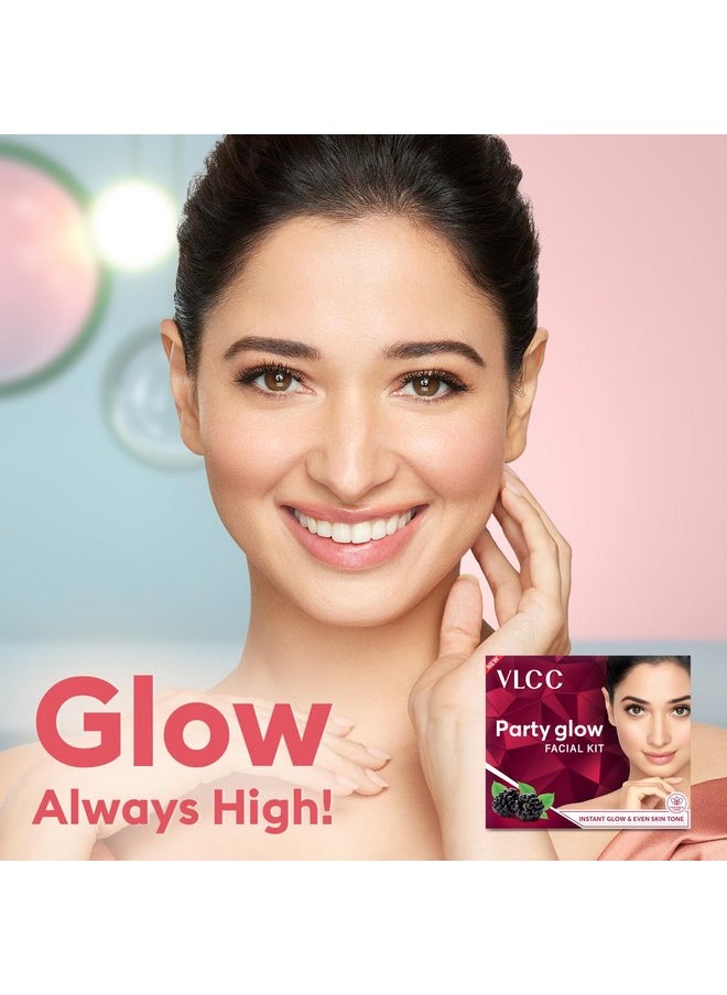 VLCC Party Glow Facial Kit - Single Use | Salon Like Facial at Home in Just 6-Steps | Includes Cleanser, Scrub, Cream, Face Pack & Moisturizing Gels | 2.12 Oz/60g