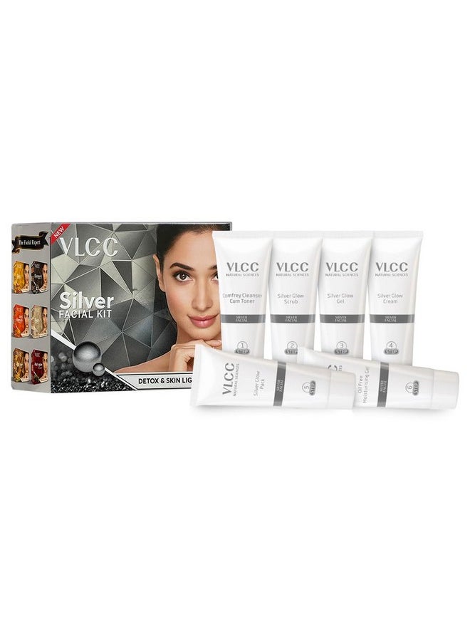 VLCC Natural Silver Facial Kit - Single Use | Salon Like Facial at Home in Just 6-Steps | Includes Cleanser, Scrub, Cream, Face Pack & Oil Free Gels | 2.12 Oz/60g