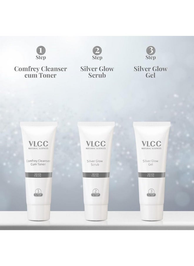 VLCC Natural Silver Facial Kit - Single Use | Salon Like Facial at Home in Just 6-Steps | Includes Cleanser, Scrub, Cream, Face Pack & Oil Free Gels | 2.12 Oz/60g