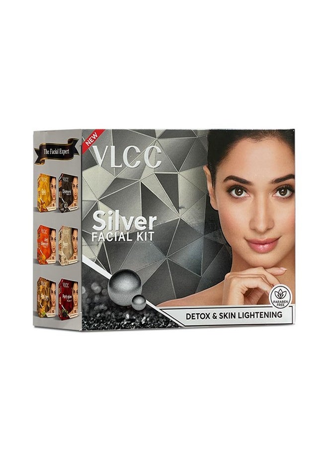 VLCC Natural Silver Facial Kit - Single Use | Salon Like Facial at Home in Just 6-Steps | Includes Cleanser, Scrub, Cream, Face Pack & Oil Free Gels | 2.12 Oz/60g