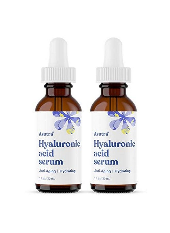 ASUTRA Hyaluronic Acid Serum for Face, 1 fl oz (Pack of 2)- Vitamin C & E, Aloe, Green Tea, Geranium & Jojoba Oil, Plumping Face Serum, Hydrating Facial Skin Care