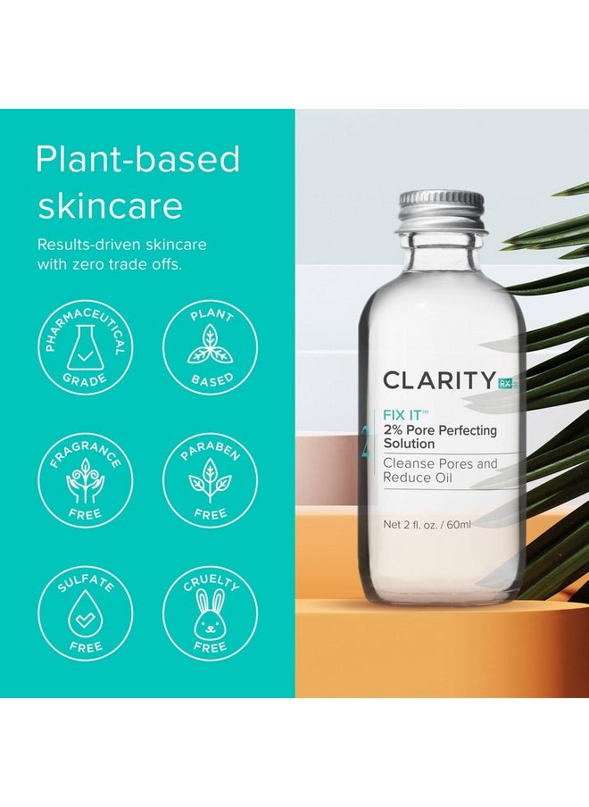 ClarityRx Fix It 2% Salicylic Acid Pore Perfecting Solution, Natural Plant-Based Treatment for Acne-Prone & Oily Skin (2 fl oz)