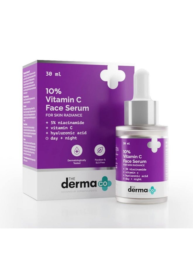 The Derma Co 10% Vitamin C Face Serum | With Vitamin C, 5% Niacinamide & Hyaluronic Acid | Fades Dark Spots | Reduces Pigmentation | Boosts Collagen | Brightens Skin | Suitable For All Skin Types | 30ml