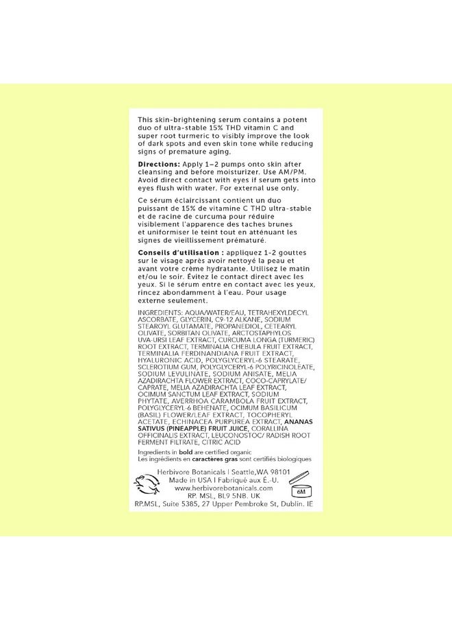 HERBIVORE Nova Brightening Serum for Face - 15% Vitamin C + Turmeric to Visibly Improve the Look of Dark Spots and Even Skin Tone, Plant-based, Vegan, Cruelty-free, 30mL /1 oz