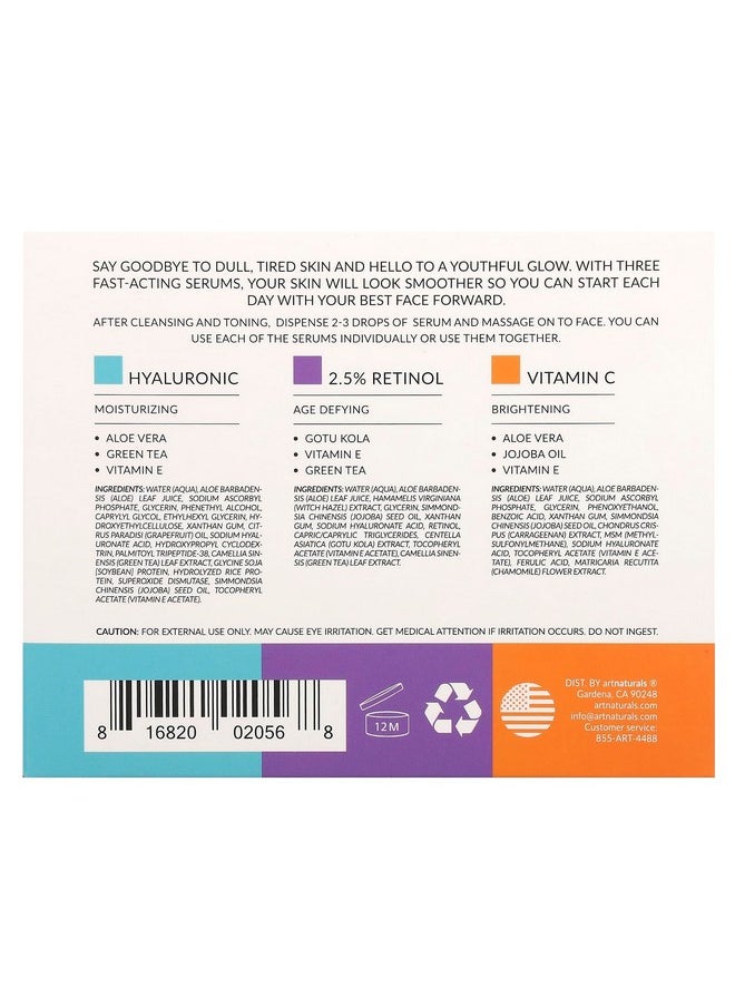 artnaturals Anti-Aging-Set with Vitamin-C Retinol and Hyaluronic-Acid - (3 x 1 Fl Oz / 30ml) Serum for Anti Wrinkle and Dark Circle Remover â€“ All Natural and Moisturizing,1 Fl Oz (Pack of 3)