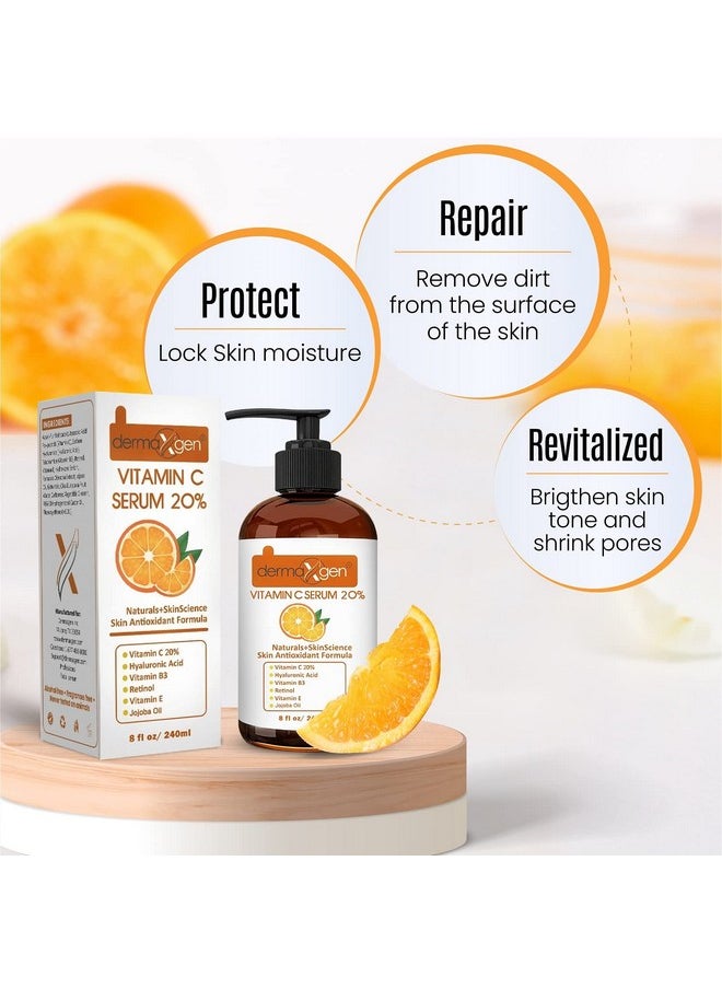 Dermaxgen 20% Vitamin C Serum + Hyaluronic Acid + Retinol + Vitamin E + Vitamin B PURE ORGANIC- Boost Skin Collagen, Moisturizer, Anti Aging & Wrinkle Facial Serum (8 FL OZ)