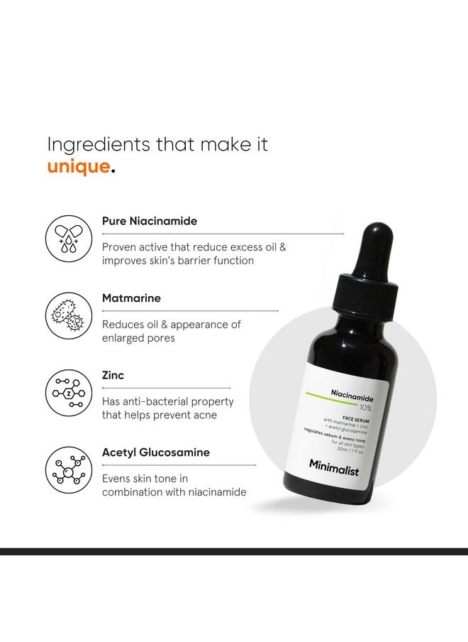 Minimalist 10% Niacinamide Face Serum for Acne Control & Oil Balancing with Zinc | Pore Minimizer for Face | Clears Acne Marks & Blemishes for Even Skin Tone | For Women & Men | 1 Fl Oz / 30 ml