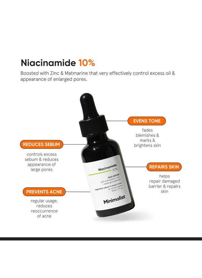 Minimalist 10% Niacinamide Face Serum for Acne Control & Oil Balancing with Zinc | Pore Minimizer for Face | Clears Acne Marks & Blemishes for Even Skin Tone | For Women & Men | 1 Fl Oz / 30 ml