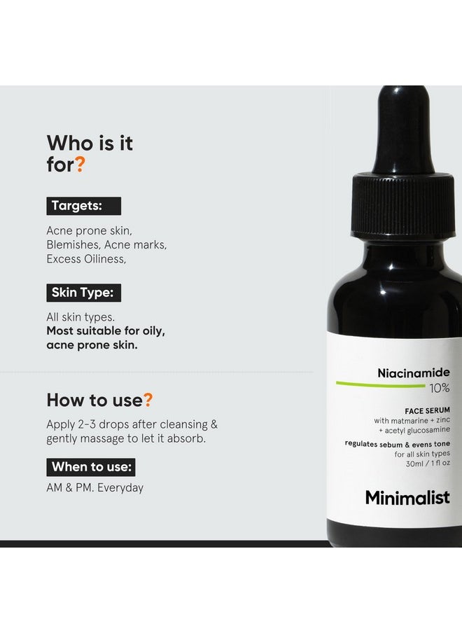Minimalist 10% Niacinamide Face Serum for Acne Control & Oil Balancing with Zinc | Pore Minimizer for Face | Clears Acne Marks & Blemishes for Even Skin Tone | For Women & Men | 1 Fl Oz / 30 ml