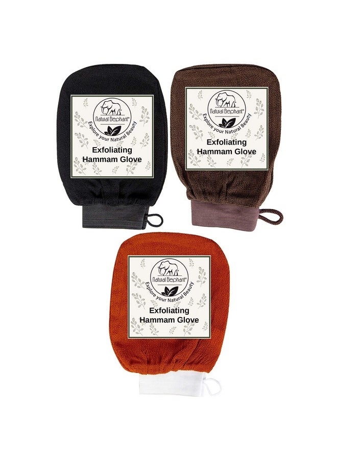 Natural Elephant Exfoliating Hammam Glove - Face and Body Exfoliator Mitt (Black, Brown and Orange (Pack of 3))