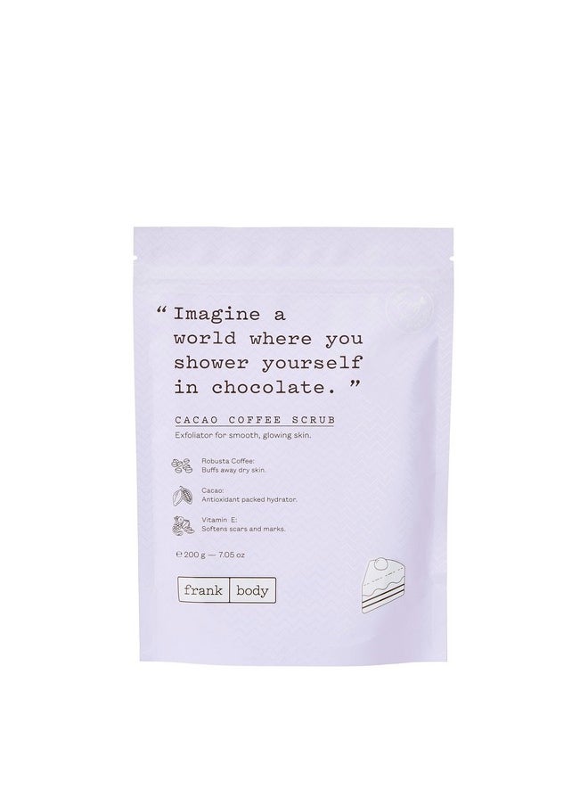 Frank Body Cacao Coffee Scrub | Natural, Vegan, Cruelty Free Exfoliating Body Scrub Smooths, Hydrates, and Nourishes Skin with Cacao Extract, Macadamia Oil, and Vitamins A, E, and D | 7.05 oz / 200 g
