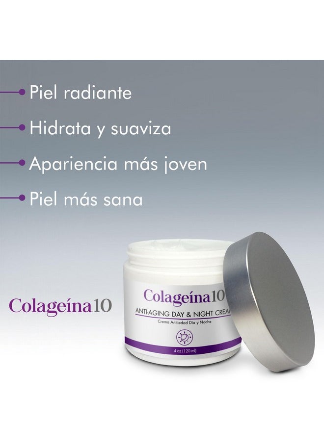 Colageina 10 Anti-Aging Day & Night Cream - Reduce the Appearance of Fine Lines & Wrinkles with Hydrolyzed Collagen and Hyaluronic Acid - 4 oz (120 ml)