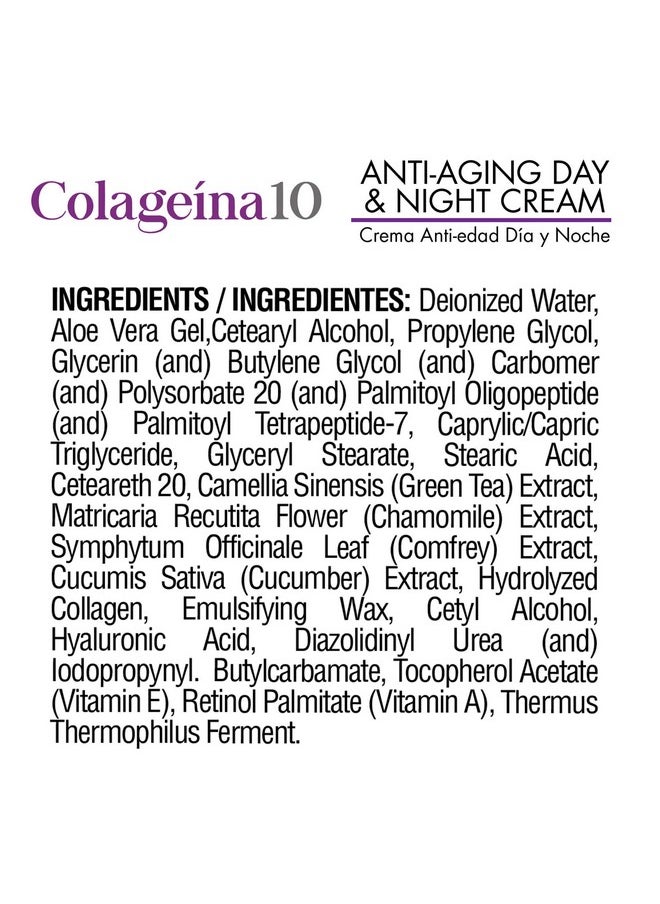 Colageina 10 Anti-Aging Day & Night Cream - Reduce the Appearance of Fine Lines & Wrinkles with Hydrolyzed Collagen and Hyaluronic Acid - 4 oz (120 ml)