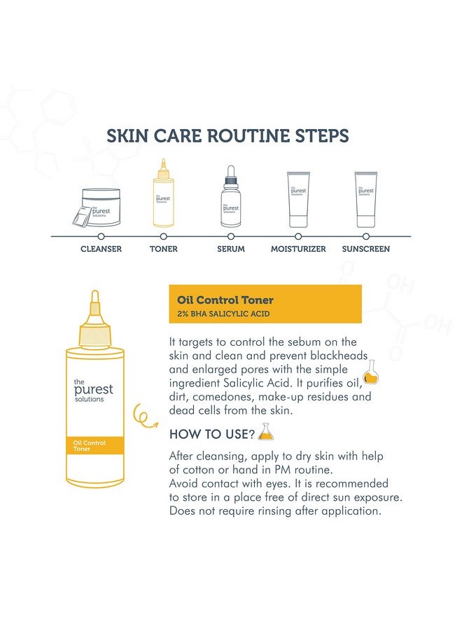 The Purest Solutions Oil Control Toner (2% BHA Salicylic Acid) - Oily, Pore Balancing Toner for Acne & Scarred Skin - Blackhead Targeted Formula - Vegan | Cruelty Free | Eco Friendly (6.76 fl. oz)