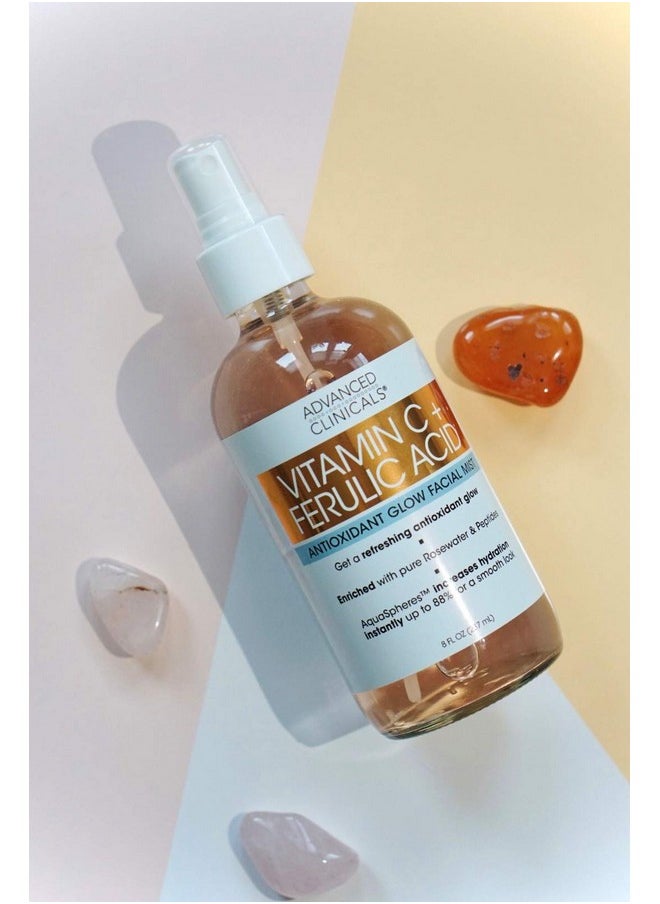 Advanced Clinicals Vitamin C Face Toner W/Ferulic Acid & Rosewater, Antioxidant Facial Mist Spray For Face, Skin Refreshing, Hydrating, & Non-Greasy Instant Hydration Facial Spray, Large 8 Fl Oz
