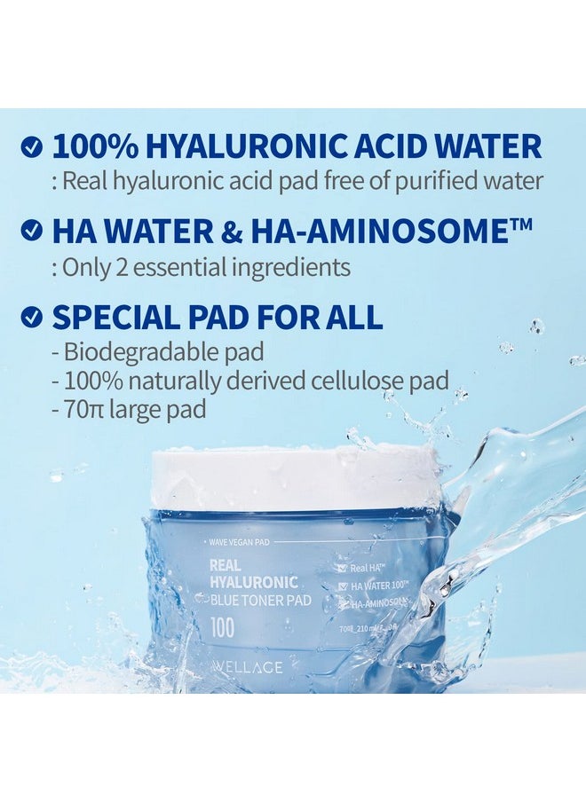 WELLAGE Real Hyaluronic Blue Toner Pad - Quick Soothing & Moisturizing Face Pads with Hyaluronic Water - Irritation Free Exfoliating Toner Pads for Skin Smooth, 70 Sheets