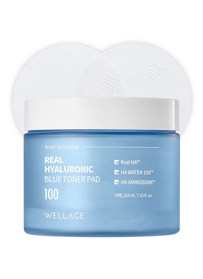 WELLAGE Real Hyaluronic Blue Toner Pad - Quick Soothing & Moisturizing Face Pads with Hyaluronic Water - Irritation Free Exfoliating Toner Pads for Skin Smooth, 70 Sheets