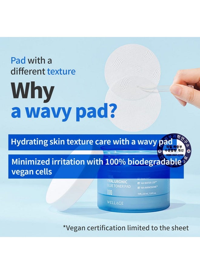WELLAGE Real Hyaluronic Blue Toner Pad - Quick Soothing & Moisturizing Face Pads with Hyaluronic Water - Irritation Free Exfoliating Toner Pads for Skin Smooth, 70 Sheets