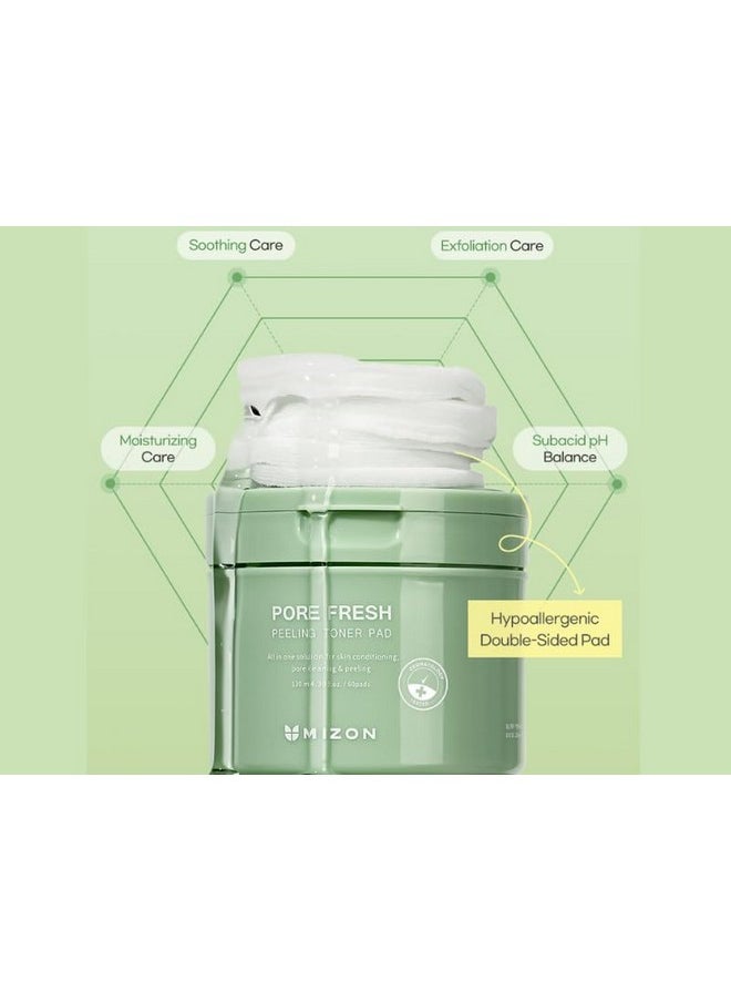 MIZON Pore Fresh Peeling Toner Pads, AHA, BHA, PHA, Peeling Pads, Cotton Toner Pads, Soothing, Exfoliating, Toning, Pore-Tightening, two sided, (60 Pads)