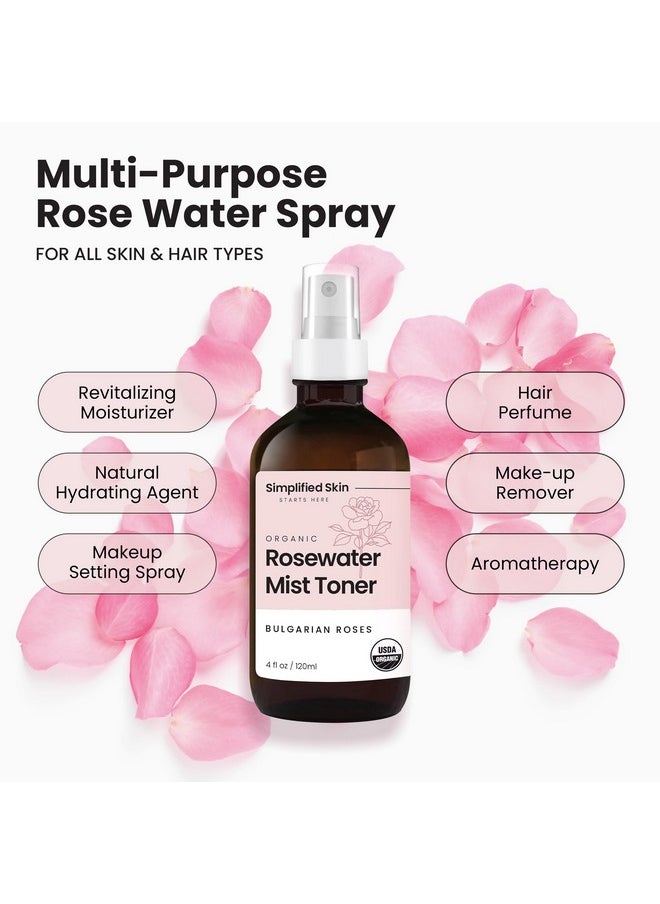 Rose Water Spray for Face & Organic Rose Water for Hair - USDA Certified Rosewater Facial Toner - Alcohol-Free Makeup Setting Hydrating Face Mist - Anti-Aging Bulgarian Rose Water Toner Spray - 4 Oz