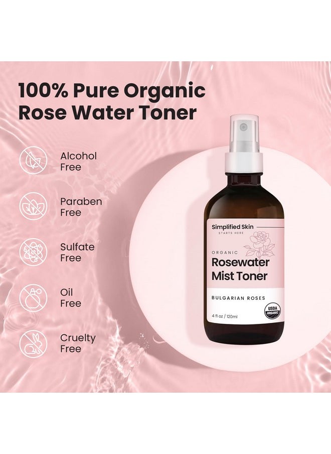 Rose Water Spray for Face & Organic Rose Water for Hair - USDA Certified Rosewater Facial Toner - Alcohol-Free Makeup Setting Hydrating Face Mist - Anti-Aging Bulgarian Rose Water Toner Spray - 4 Oz