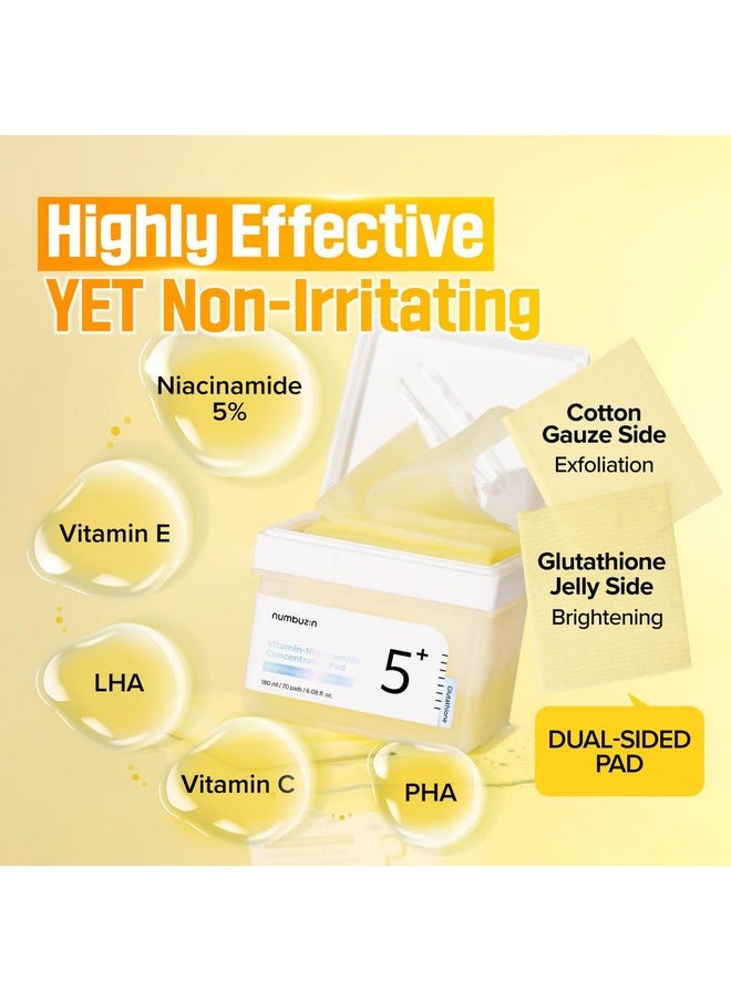 numbuzin No.5+ Vitamin-Niacinamide Concentrated pad | Double- Sided Pad with Glutathione, Niacinamide, PHA & LHA | Exfoliation, Dark Spot, Hyperpigmentation Care | 180ml/70 Pads/6.08 Fl Oz