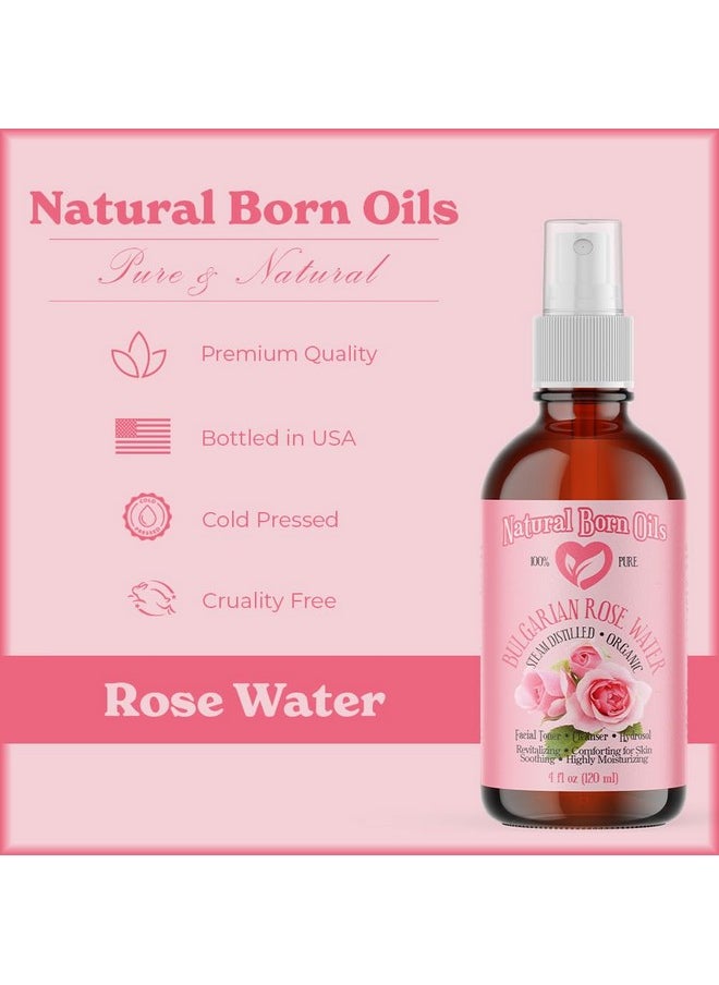 Natural Born Oils 8oz Rose Water Hydrosol, 100% Pure and Natural, Organic, Steam-distilled, Facial Toner Cleanser, with Sprayer, 8-Rose-Water