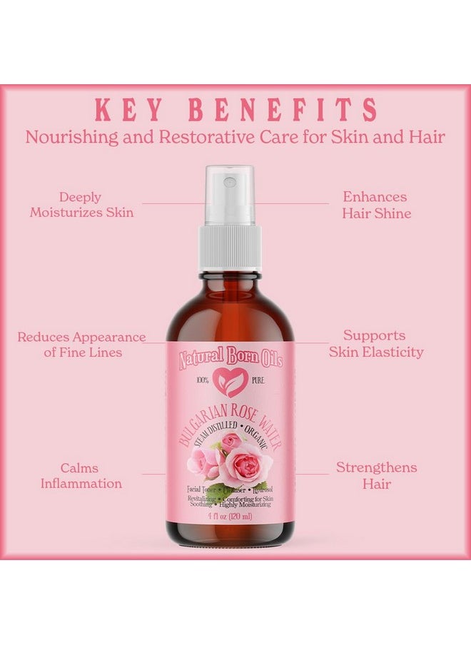 Natural Born Oils 8oz Rose Water Hydrosol, 100% Pure and Natural, Organic, Steam-distilled, Facial Toner Cleanser, with Sprayer, 8-Rose-Water