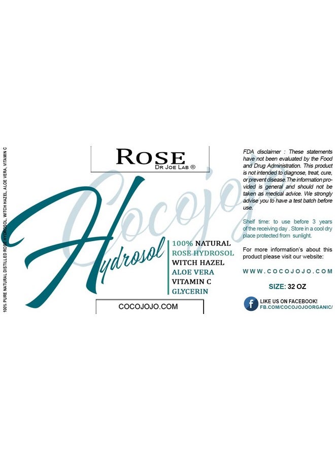 Dr Joe Lab Rose Water Hydrosol, Glycerin, Aloe Vera, Vitamin C & Witch Hazel Mix - Natural, Vegan, Non GMO, Floral, Face, Hair- 32 oz - Hydrating, Cleansing, Toning - Packaging May Vary