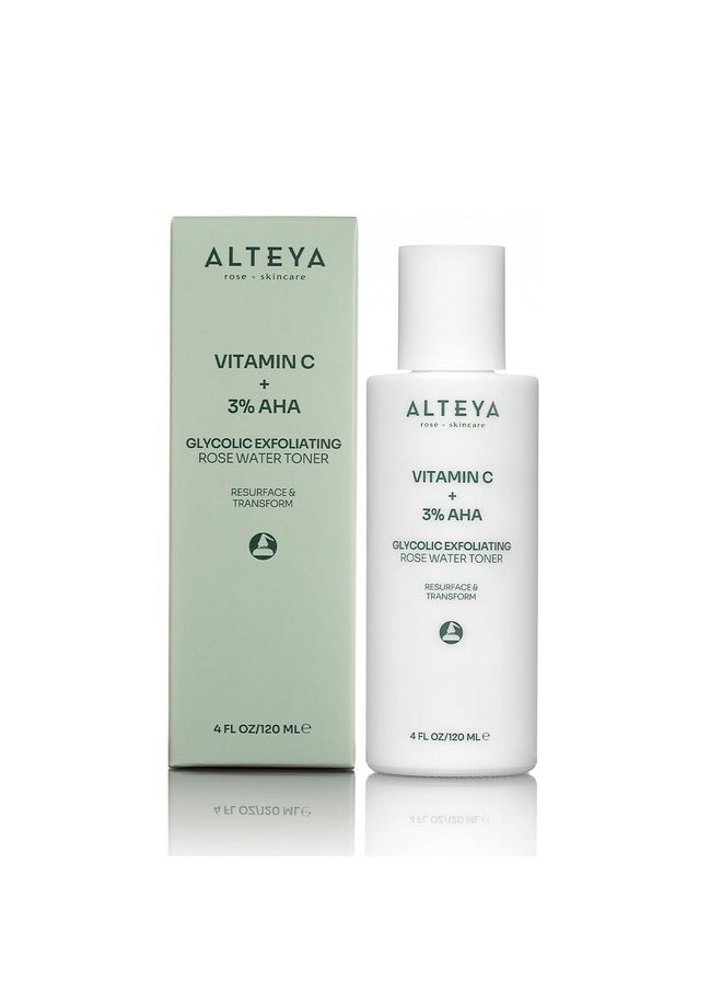 Alteya Organics Glycolic Exfoliating Rose Water Toner (Vitamin C Plus 3% AHA) - 4 Fl Oz/120mL