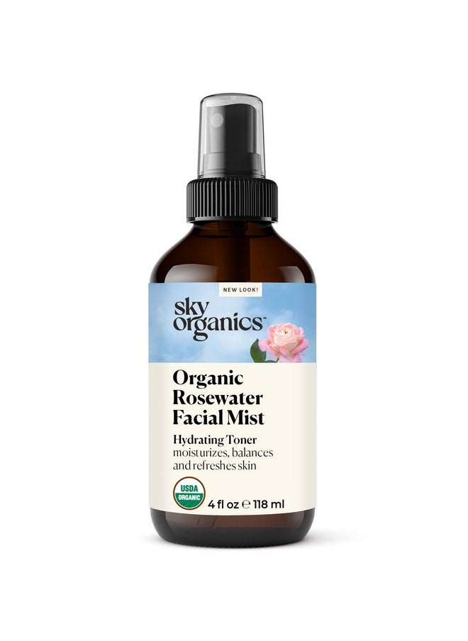 Sky Organics Organic Rosewater Facial Mist for Face, 100% Pure & Steam-Distilled USDA Certified to Hydrate, Balance & Refresh, 4 fl. Oz