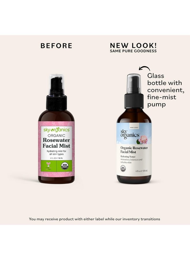 Sky Organics Organic Rosewater Facial Mist for Face, 100% Pure & Steam-Distilled USDA Certified to Hydrate, Balance & Refresh, 4 fl. Oz