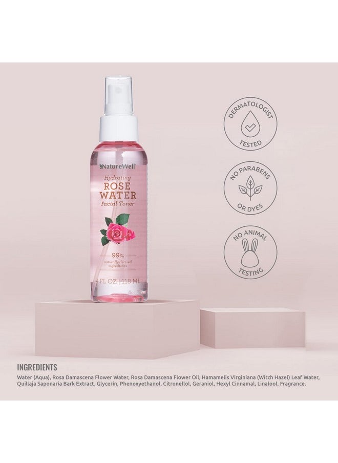 NATURE WELL Rose Water Hydrating Facial Toner Mist for Dewy & Radiant Skin, 100% Vegan, Refreshing, Conditioning, Soothing, Redness Reducing, Perfect for Travel, 4 Fl Oz