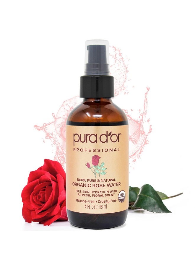 PURA D'OR Organic Rose Water Toner (4oz / 118mL) Eau Fraiche, 100% Pure Full Skin Hydration, Control Excess Oils & Acne - Cleanses & Softens - Promotes Healthy Skin Cell - for All Skin Types