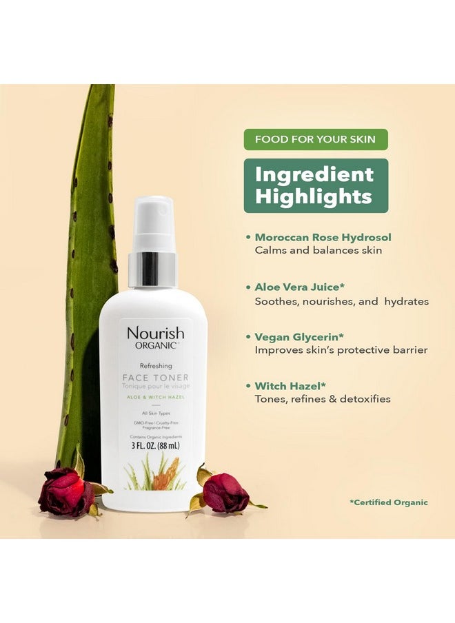 Nourish Organic Face Toner Spray - Alcohol-Free Formula with Witch Hazel, Aloe Vera & Moroccan Rose Flower Extract, 3 Oz + Washable Cotton Round
