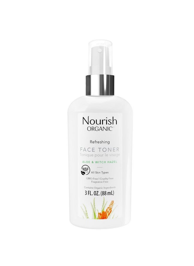 Nourish Organic Face Toner Spray - Alcohol-Free Formula with Witch Hazel, Aloe Vera & Moroccan Rose Flower Extract, 3 Oz + Washable Cotton Round