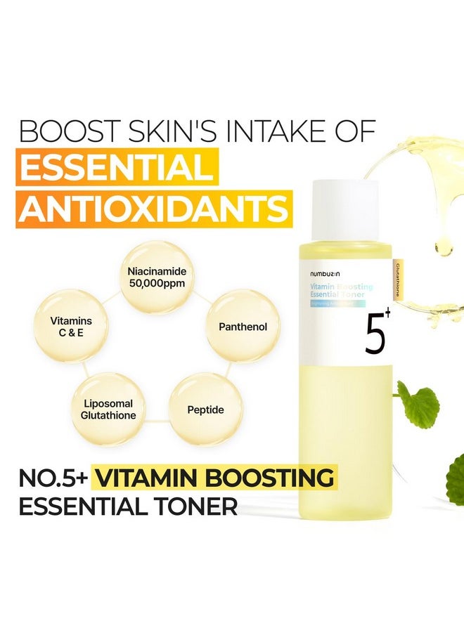 numbuzin No.5+ Vitamin Boosting Essential Toner with Glutathione, Niacinamide | First Step Skincare Reduce Dark Spots, Improve Dullness, Uneven Skin Tone | Non-irritating, Korean Skincare | 6.76 Fl Oz